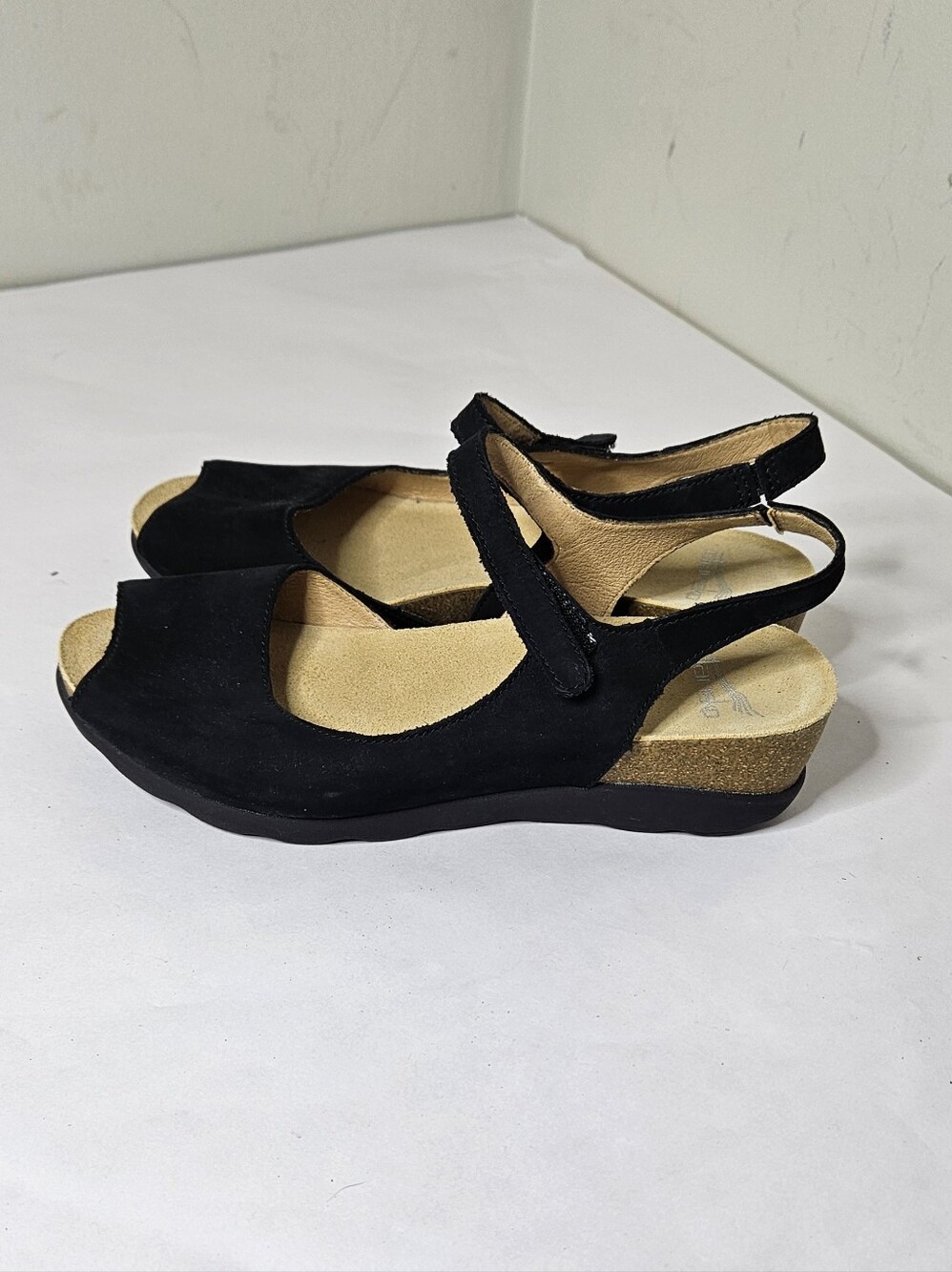 Dansko Marcy Peeptoe Wedge Sandal Black Suede Cork Platform 38 8